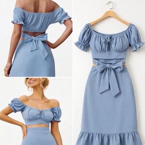 Amazon Light Blue Two-Piece Off-Shoulder Skirt Set